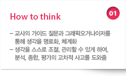 01 How to think : - 교사의 가이드 질문과 그래픽오거나이저를 통해 생각을 명료화, 체계화 - 생각을 스스로 조절, 관리할 수 있게 하여, 분석, 종합, 평가의 고차적 사고를 도와줌