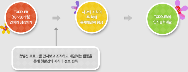 TODDLER(18~36개월) 언어와 상징체계(첫발견 프로그램 만져보고 조작하고 게임하는 활동을 통해 첫발견의 지식과 정보 습득) > 사고와 지식의 폭 확대 문제해결력 향상 > TODDLER의 인지능력개발