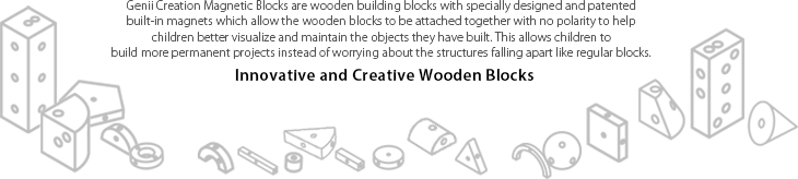 Genii Creation Magnetic Blocks are wooden building blocks with specially designed and patented built-in magnets which allow the wooden blocks to be attached together with no polarity to help children better visualize and maintain the objects they have built. This allows children to build more permanent projects instead of worrying about the structures falling apart like regular blocks. -Innovative and Creative Wooden Blocks